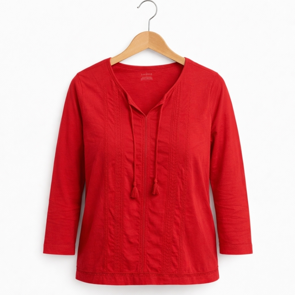 Talbots Red TomatoGirl Bohemian Chic Peasant Vneck Tassel Gypsy Blouse Sz Lg